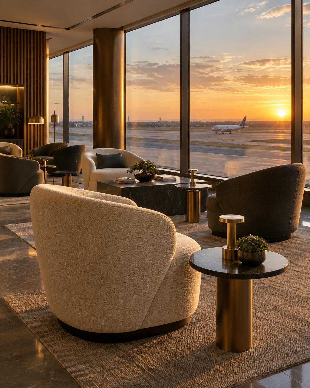 A quiet premium airport lounge overlooking the runway
