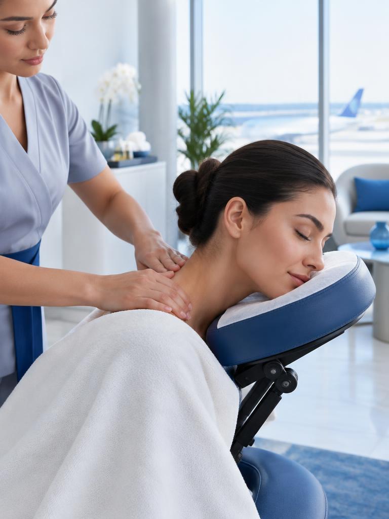 Traveler receiving a massage in a bright airport spa