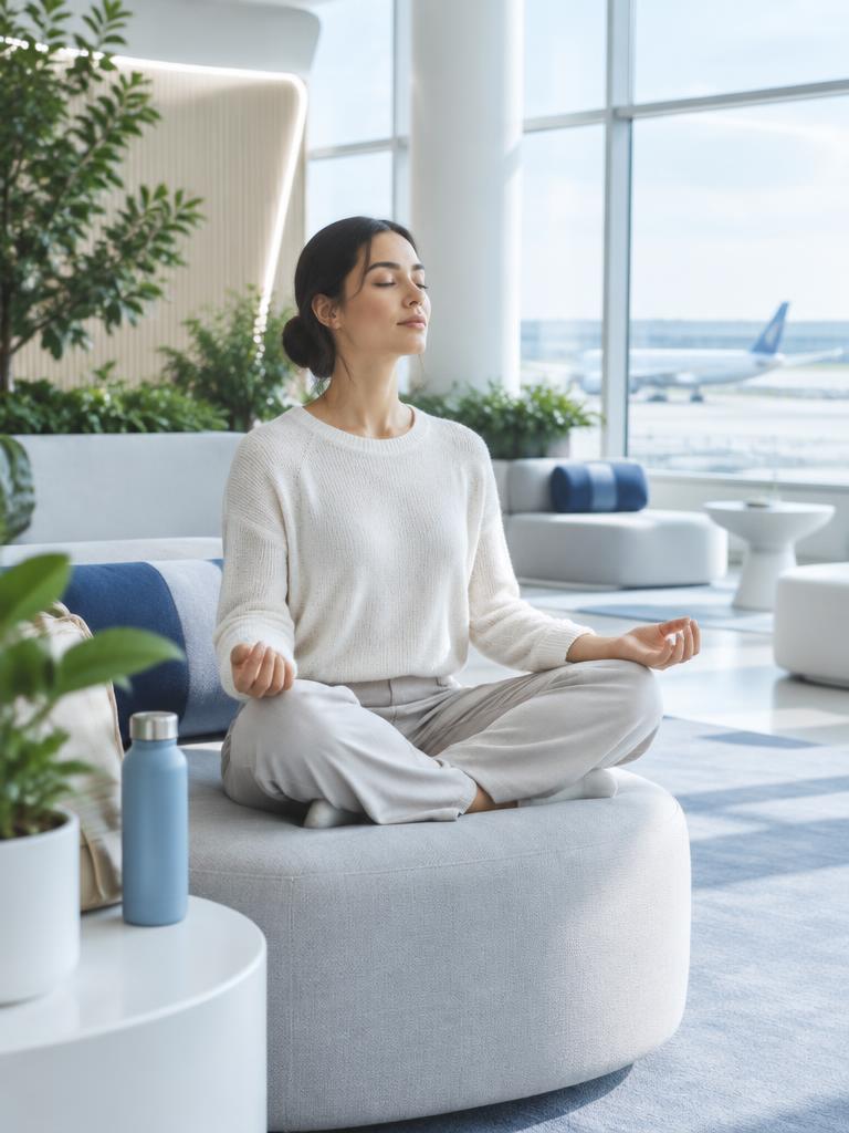 Traveler meditating in a quiet airport wellness space