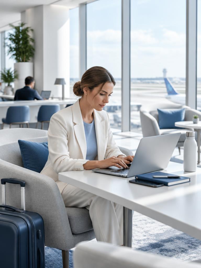 Traveler working in a quiet airport lounge